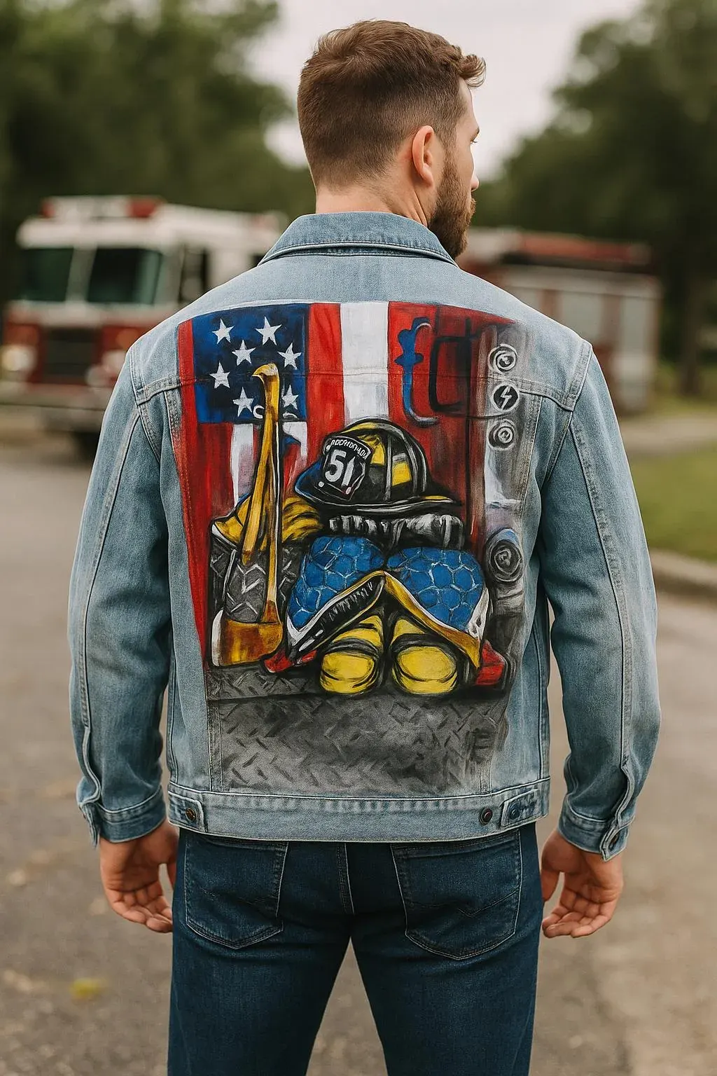 Hand-painted Firefighter Denim Jacket