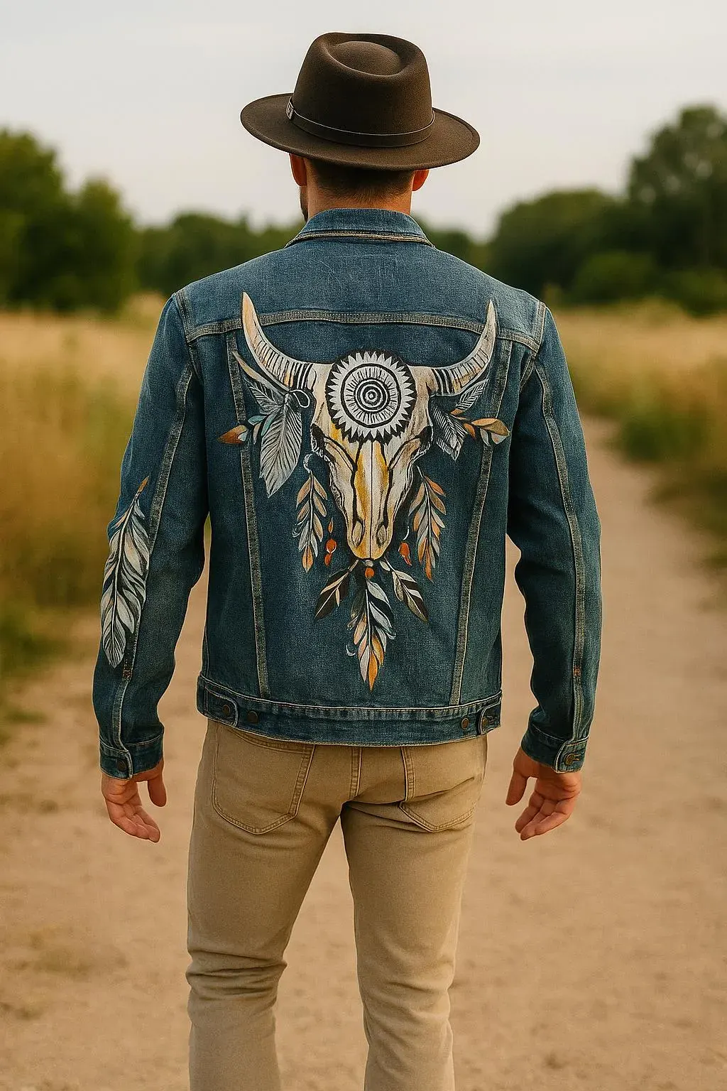 Hand-painted Bull Skull Denim Jacket