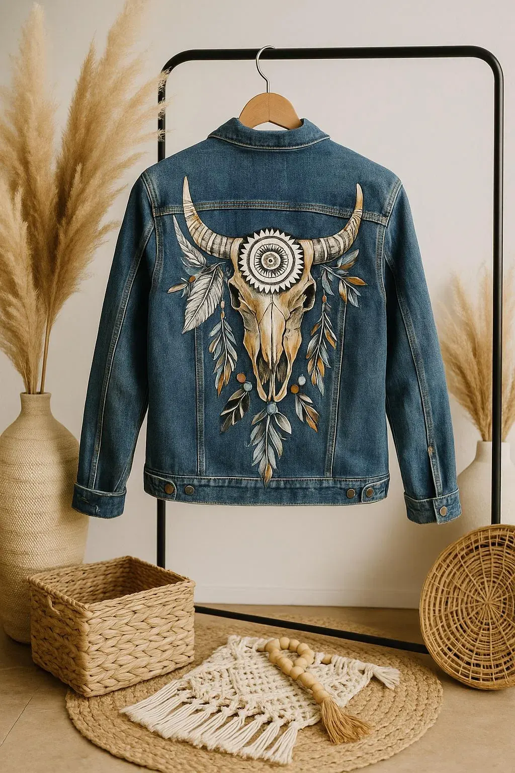 Hand-painted Bull Skull Denim Jacket