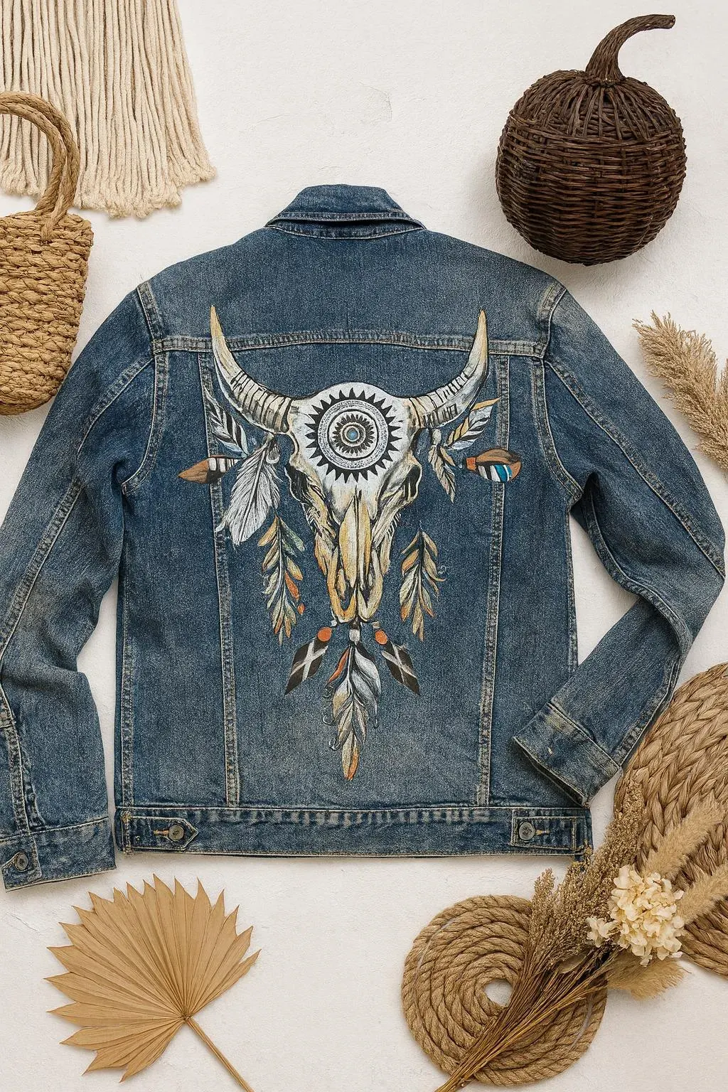 Hand-painted Bull Skull Denim Jacket
