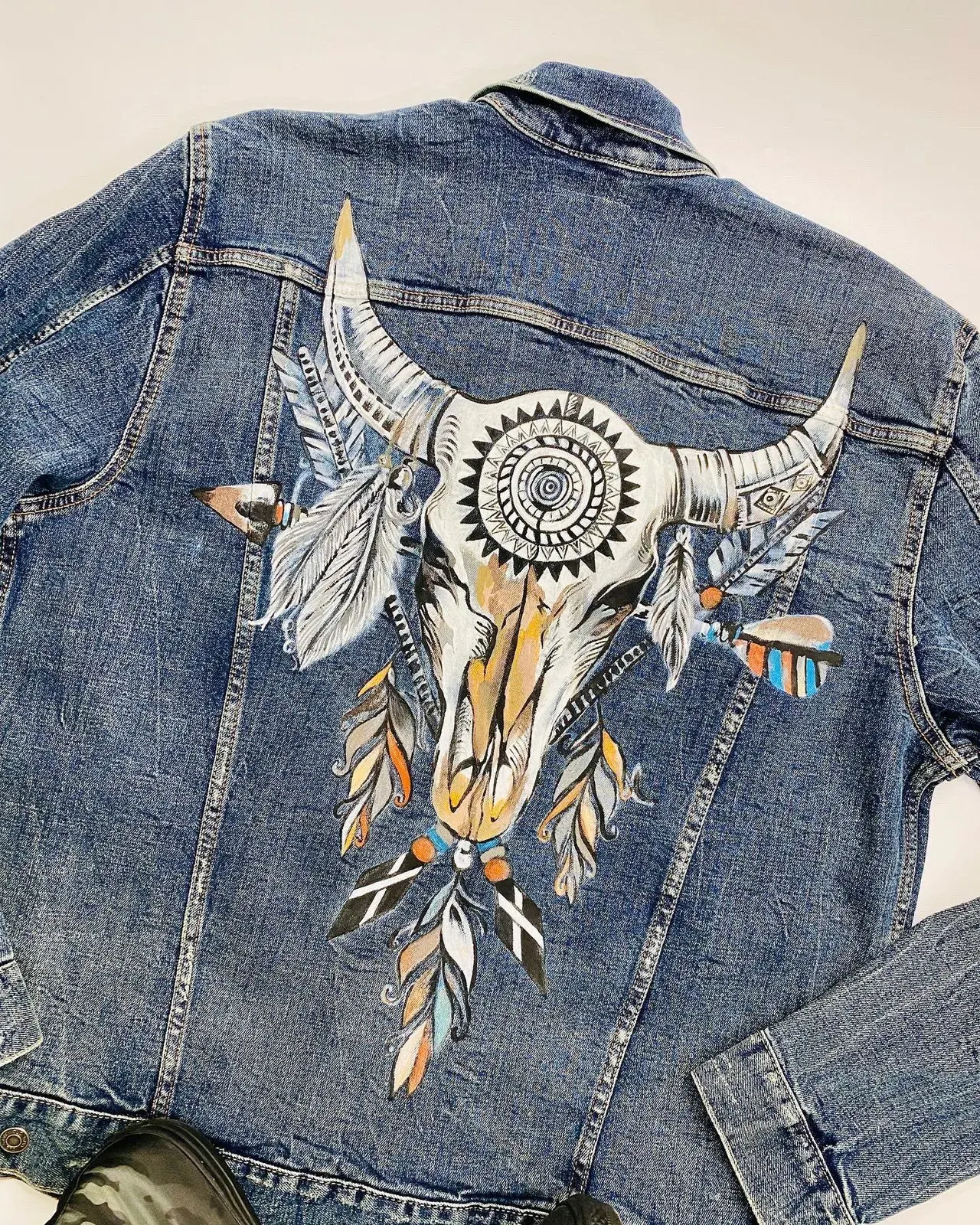 Hand-painted Bull Skull Denim Jacket