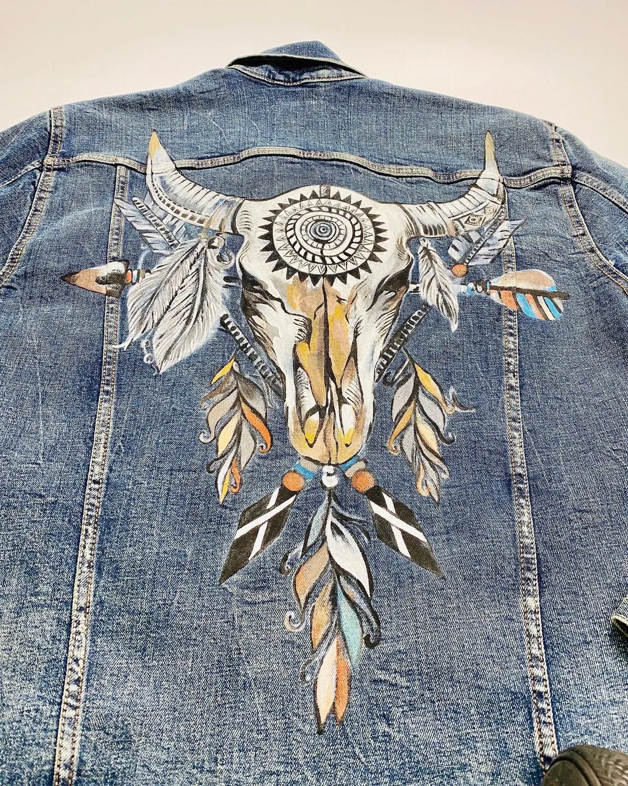 Hand-painted Bull Skull Denim Jacket
