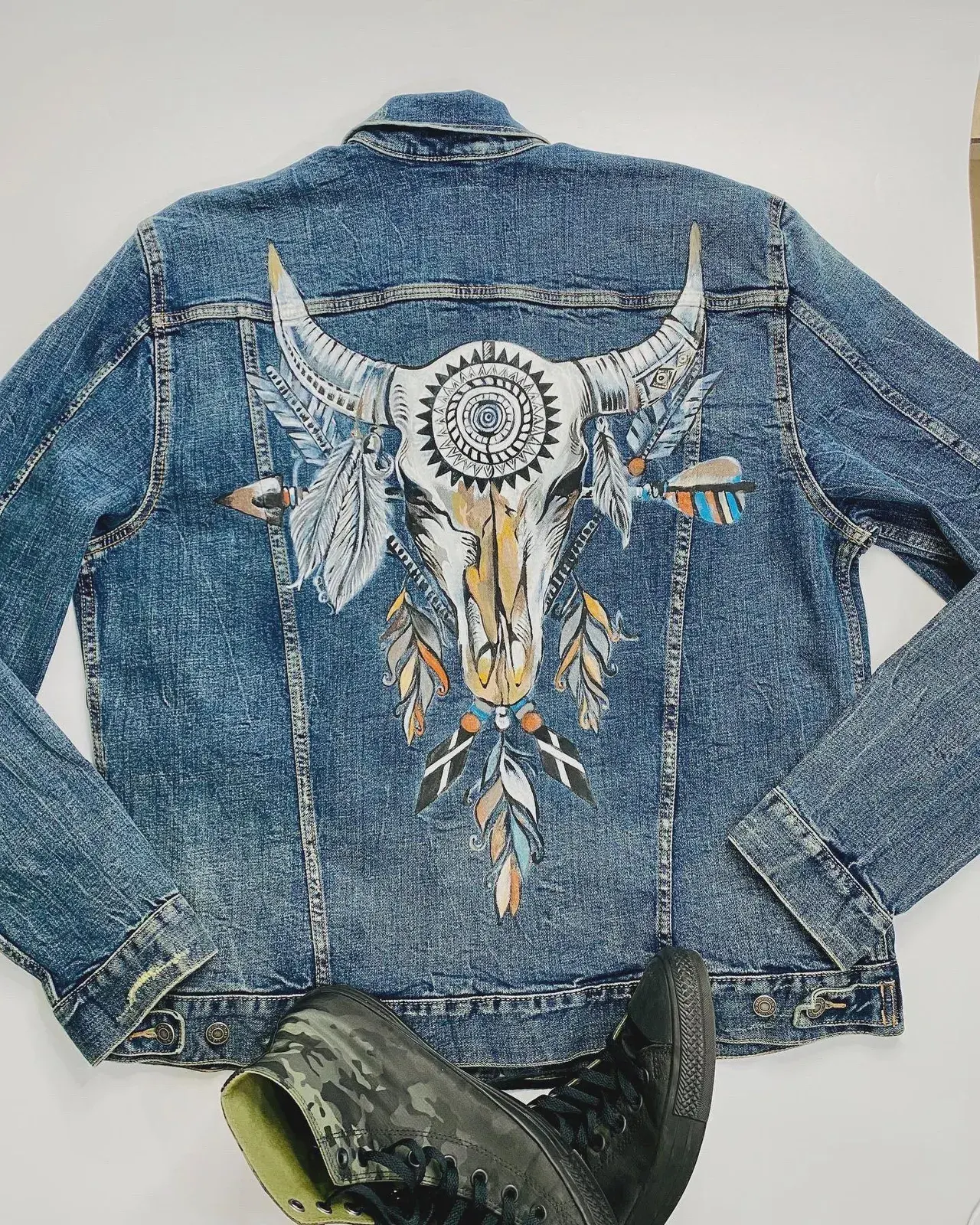 Hand-painted Bull Skull Denim Jacket