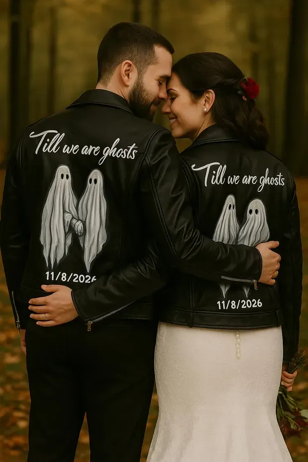 Hand-painted Vegan Leather Couple Jacket, Gothic Ghost…