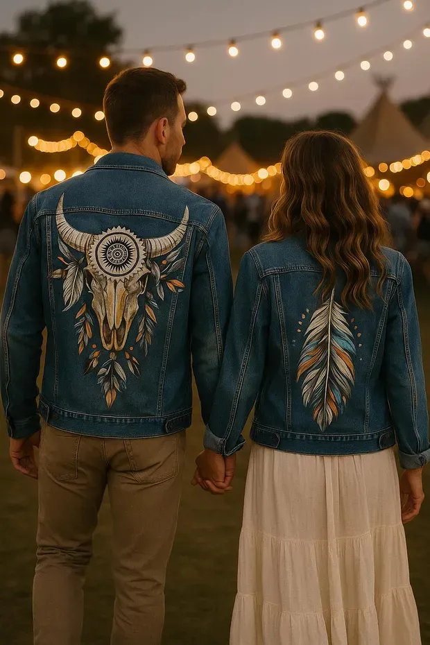 Hand-painted Bull Skull Denim Jacket